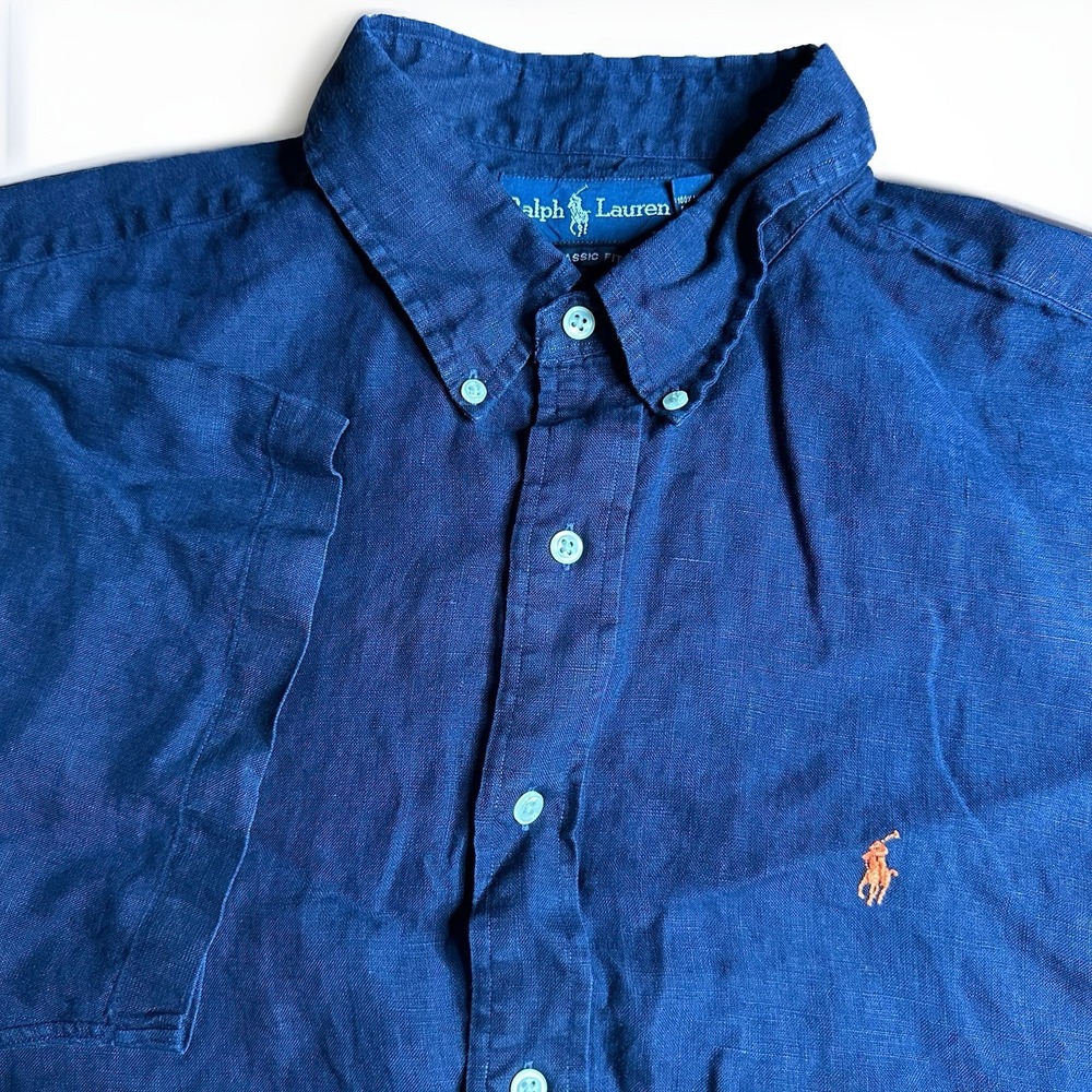 Vintage Polo Ralph Lauren Shirt Mens XXL Navy Blue 100% Linen Orange Pony Beach